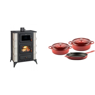 Set Kaminofen, Holzofen mit Backfach Prity, Modell F RK, 12kW + Gusseisen Topf Set aus 3 teilen Solagio, Rubin - Kaminofen - Holzofen mit Backfach