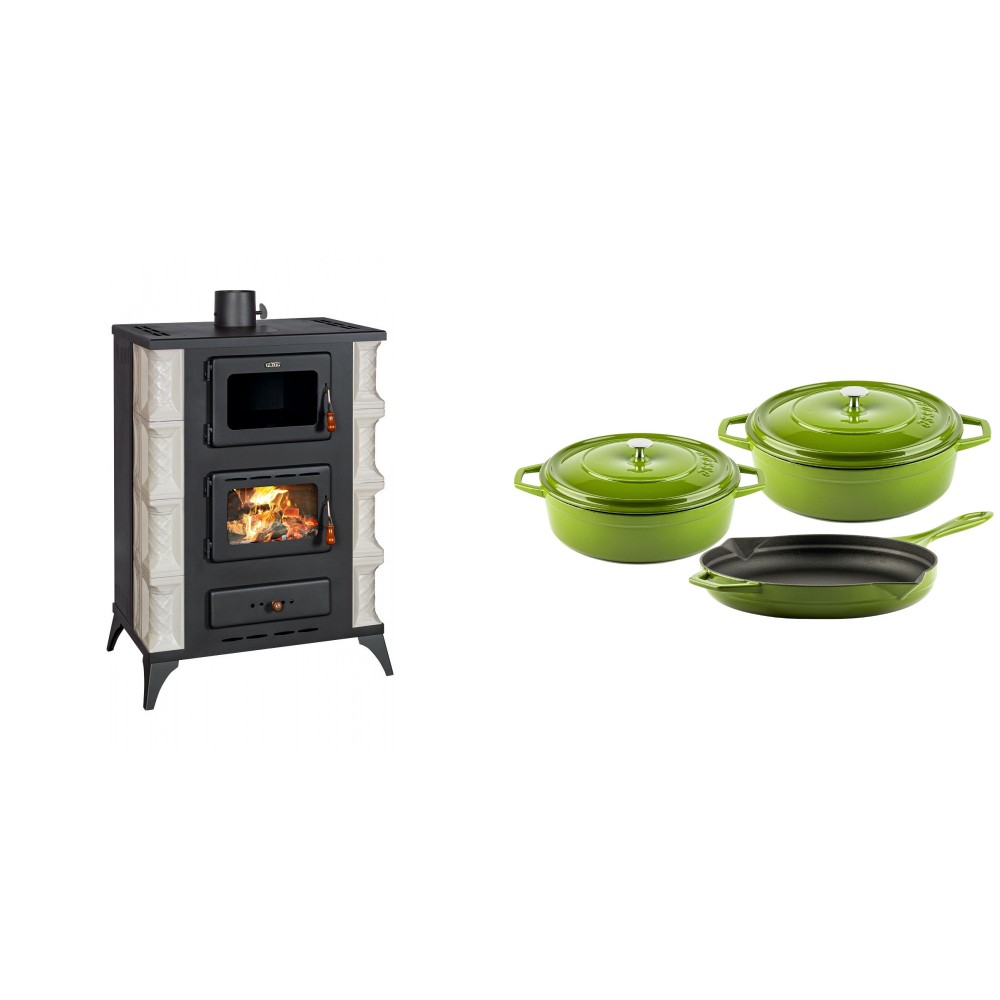 Set Kaminofen, Holzofen mit Backfach Prity, Modell F RK, 12kW + Gusseisen Topf Set aus 3 teilen Solagio, Bamboo | Holzofen | Kaminofen |