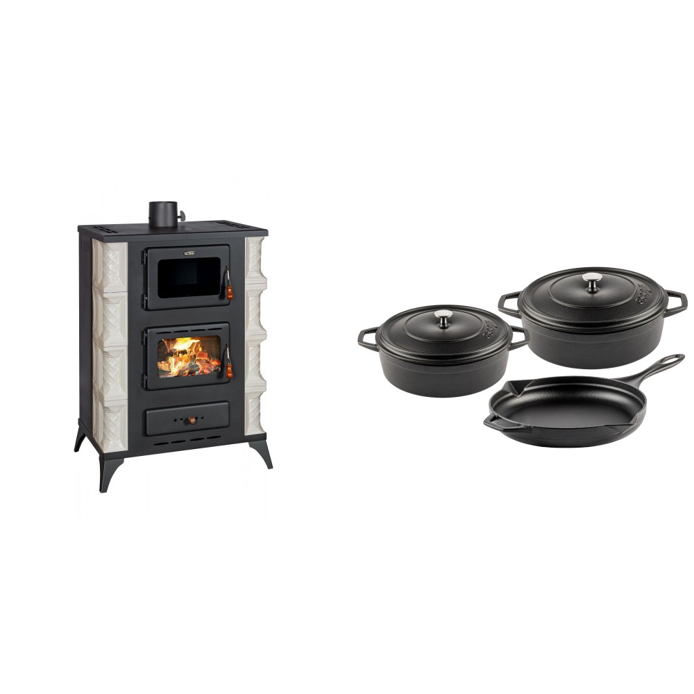 Set Kaminofen, Holzofen mit Backfach Prity, Modell F RK, 12kW + Gusseisen Topf Set aus 3 teilen Solagio, Black Onyx