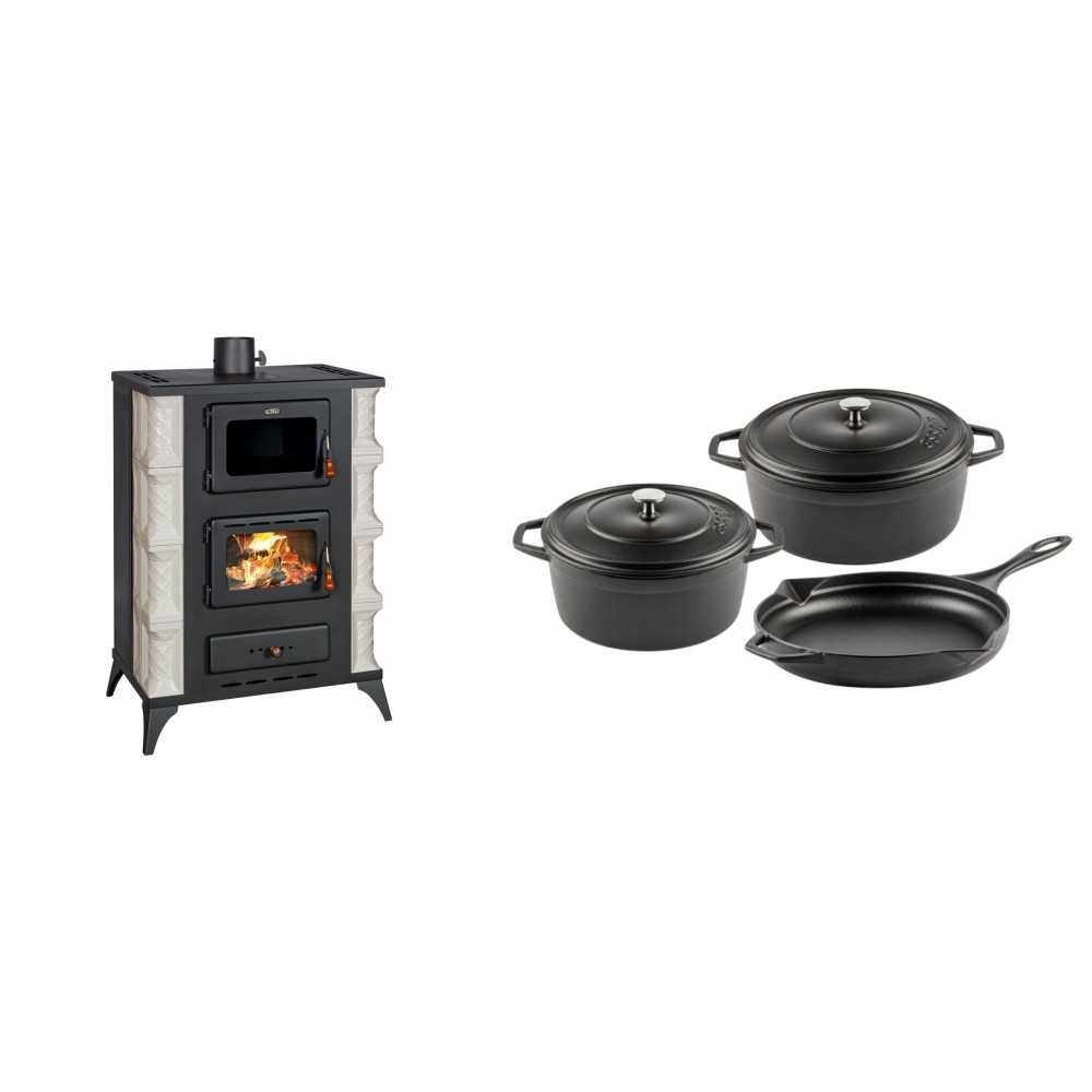 Set Kaminofen, Holzofen mit Backfach Prity, Modell F RK, 12kW + Gusseisen Topf Set aus 3 teilen Solagio, Black Onyx