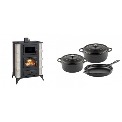 Set Kaminofen, Holzofen mit Backfach Prity, Modell F RK, 12kW + Gusseisen Topf Set aus 3 teilen Solagio, Black Onyx - Kaminofen - Holzofen mit Backfach