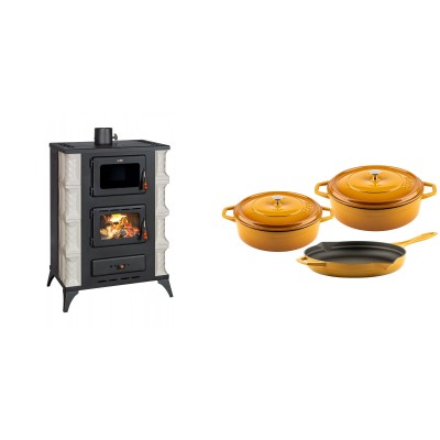 Set Kaminofen, Holzofen mit Backfach Prity, Modell F RK, 12kW + Gusseisen Topf Set aus 3 teilen Solagio, Dijon - Kaminofen - Holzofen mit Backfach