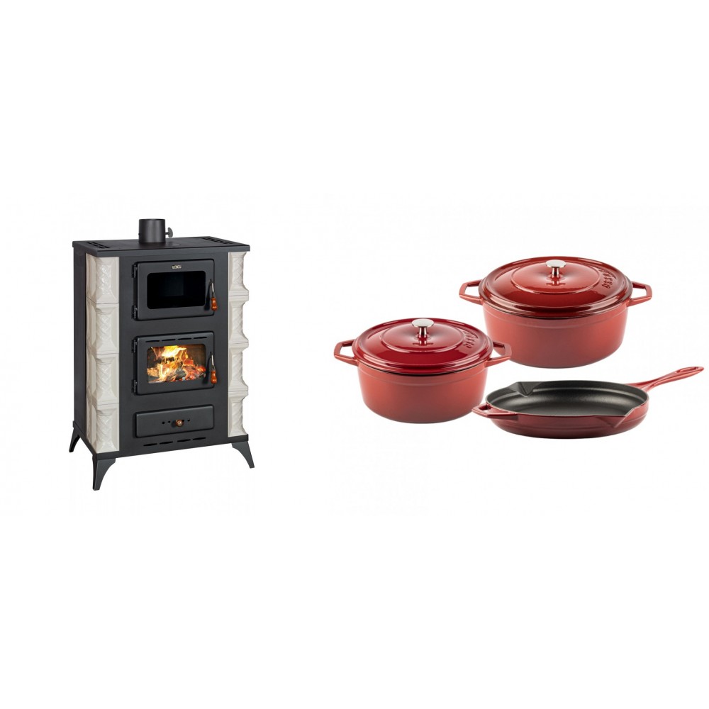 Set Kaminofen, Holzofen mit Backfach Prity, Modell F RK, 12kW + Gusseisen Topf Set aus 3 teilen Solagio, Rubin