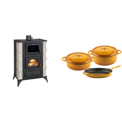 Set Kaminofen, Holzofen mit Backfach Prity, Modell F RK, 12kW + Gusseisen Topf Set aus 3 teilen Solagio, Dijon - Kaminofen - Holzofen mit Backfach