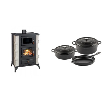 Set Kaminofen, Holzofen mit Backfach Prity, Modell F RK, 12kW + Gusseisen Topf Set aus 3 teilen Solagio, Black Onyx - Kaminofen - Holzofen mit Backfach