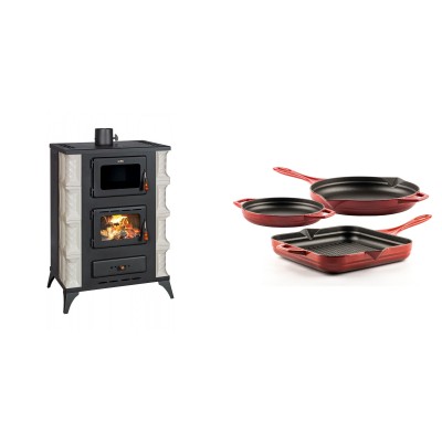 Set Kaminofen, Holzofen mit Backfach Prity, Modell F RK, 12kW + Gusseisen Topf Set aus 3 teilen Solagio, Rubin - Kaminofen - Holzofen mit Backfach