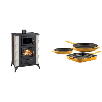 Set Kaminofen, Holzofen mit Backfach Prity, Modell F RK, 12kW + Gusseisen Topf Set aus 3 teilen Solagio, Dijon - Kaminofen - Holzofen mit Backfach