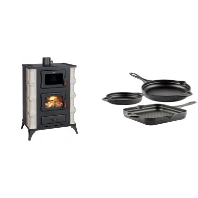 Set Kaminofen, Holzofen mit Backfach Prity, Modell F RK, 12kW + Gusseisen Topf Set aus 3 teilen Solagio, Black Onyx - Kaminofen - Holzofen mit Backfach