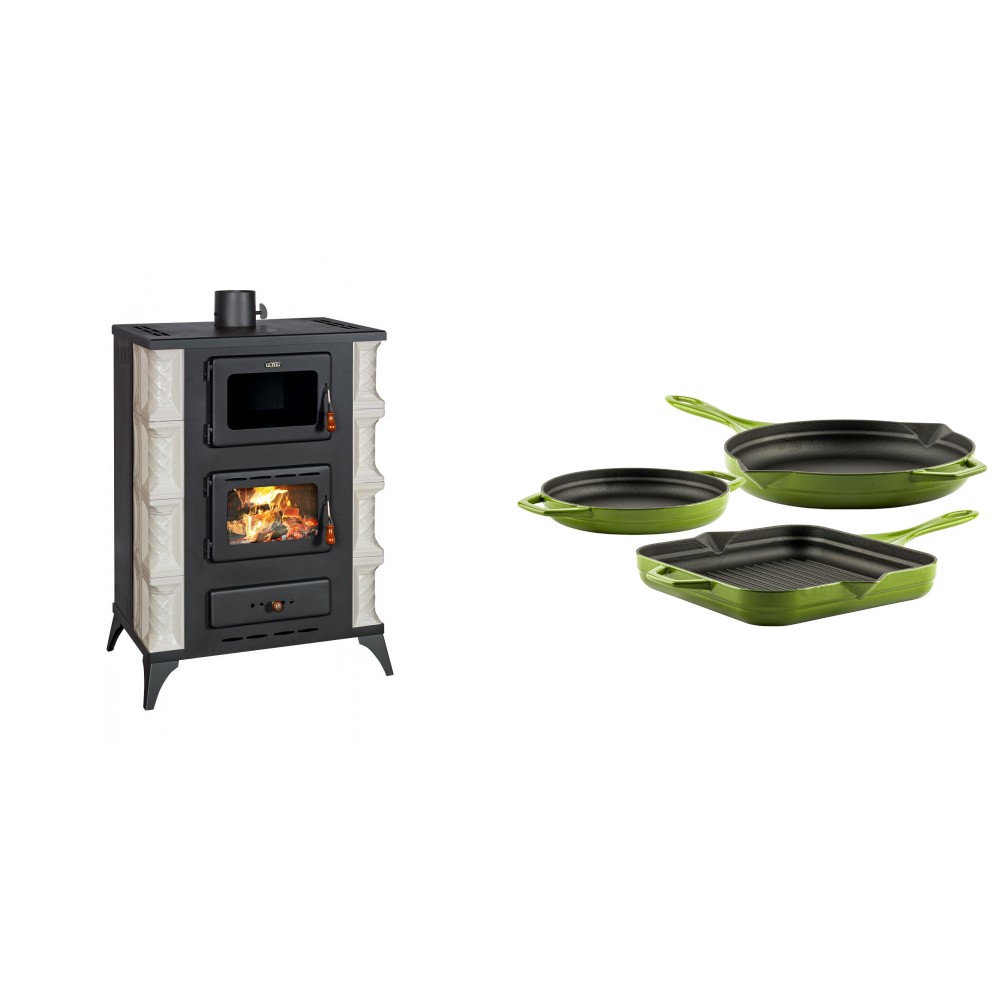 Set Kaminofen, Holzofen mit Backfach Prity, Modell F RK, 12kW + Gusseisen Topf Set aus 3 teilen Solagio, Bamboo | Holzofen | Kaminofen |