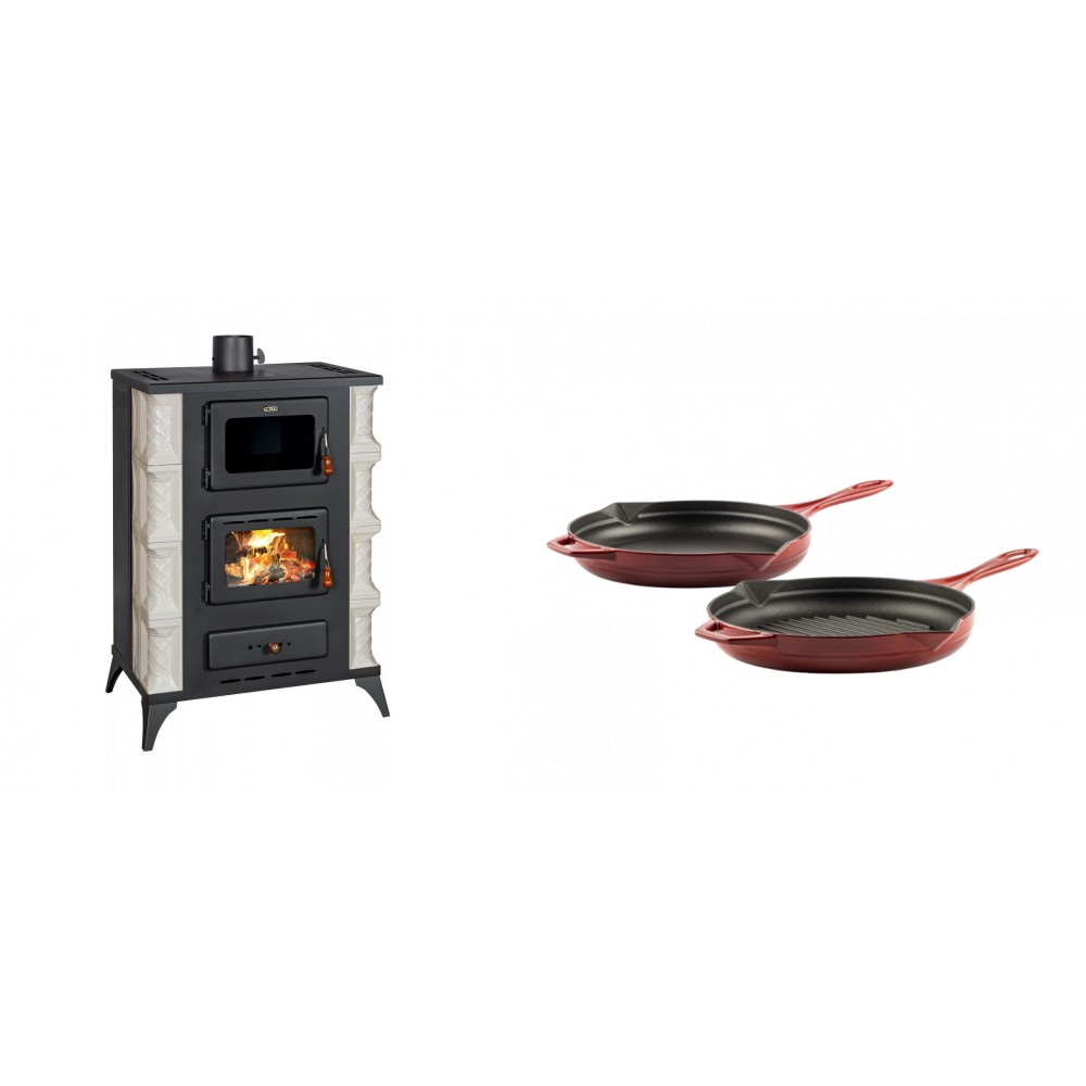 Set Kaminofen, Holzofen mit Backfach Prity, Modell F RK, 12kW + Gusseisen Topf Set aus 2 teilen Solagio, Rubin | Holzofen | Kaminofen |