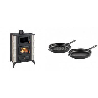 Set Kaminofen, Holzofen mit Backfach Prity, Modell F RK, 12kW + Gusseisen Topf Set aus 2 teilen Solagio, Black Onyx - Kaminofen - Holzofen mit Backfach