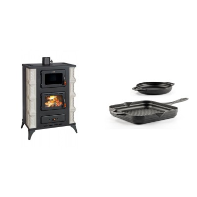 Set Kaminofen, Holzofen mit Backfach Prity, Modell F RK, 12kW + Gusseisen Topf Set aus 2 teilen Solagio, Black Onyx - Kaminofen - Holzofen mit Backfach