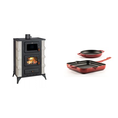 Set Kaminofen, Holzofen mit Backfach Prity, Modell F RK, 12kW + Gusseisen Topf Set aus 2 teilen Solagio, Rubin - Kaminofen - Holzofen mit Backfach