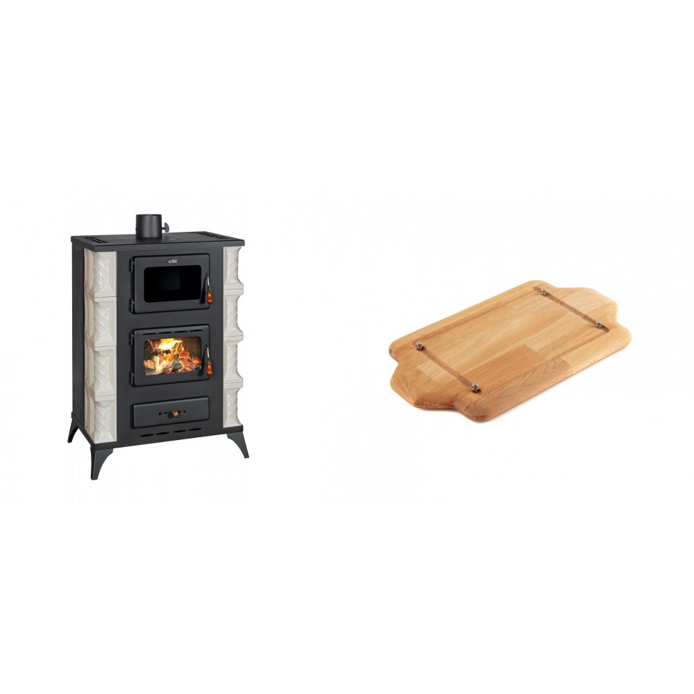 Set Kaminofen, Holzofen mit Backfach Prity, Modell F RK, 12kW + Holz untersetzer für mini-gusseisenplatte Solagio HSDDHP1522