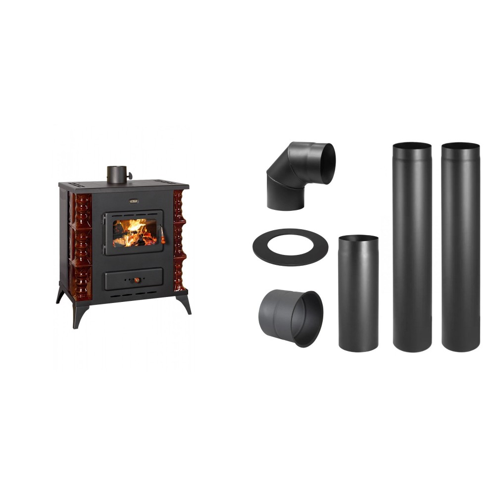 Set Kaminofen, Holzofen Prity, Modell K RK Maro, 10kW, Keramikverkleidung, Füße + Schornstein Bausatz PARKANEX, Stahl Ø130, Dicke 2mm