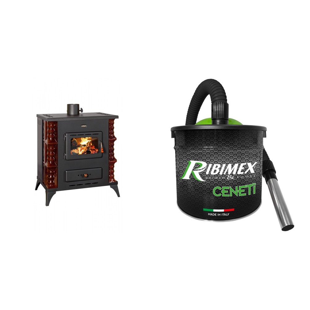 Set Kaminofen, Holzofen Prity, Modell K RK Maro, 10kW, Keramikverkleidung, Füße + Elektrischer Aschesauger Ribimex, Modell Cenetì, Fassungsvermögen 15 L | Holzofen | Kaminofen |