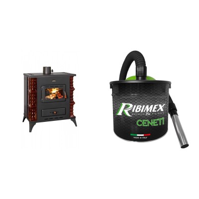 Set Kaminofen, Holzofen Prity, Modell K RK Maro, 10kW, Keramikverkleidung, Füße + Elektrischer Aschesauger Ribimex, Modell Cenetì, Fassungsvermögen 15 L - Prity