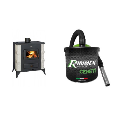 Set Kaminofen, Holzofen Prity, Modell K RK Dantela, 10kW, Keramikverkleidung, Füße + Elektrischer Aschesauger Ribimex, Modell Cenetì, Fassungsvermögen 15 L - Prity