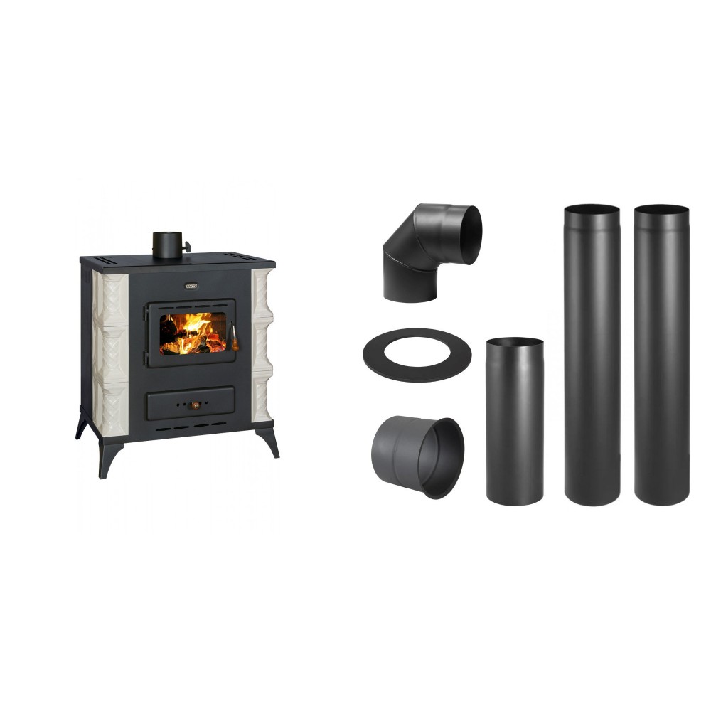 Set Kaminofen, Holzofen Prity, Modell K RK, 10kW, Keramikverkleidung, Füße + Schornstein Bausatz PARKANEX, Stahl Ø130, Dicke 2mm