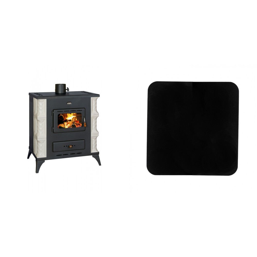 Set Kaminofen, Holzofen Prity, Modell K RK, 10kW, Keramikverkleidung, Füße + Funkenschutzplatte Stahl 2mm, Größe 98x98cm