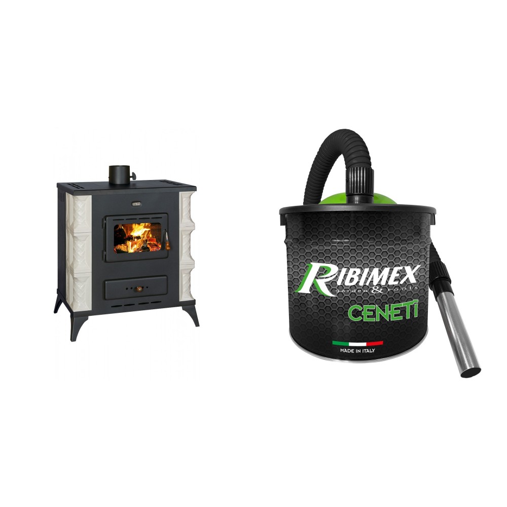 Set Kaminofen, Holzofen Prity, Modell K RK, 10kW, Keramikverkleidung, Füße + Elektrischer Aschesauger Ribimex, Modell Cenetì, Fassungsvermögen 15 L