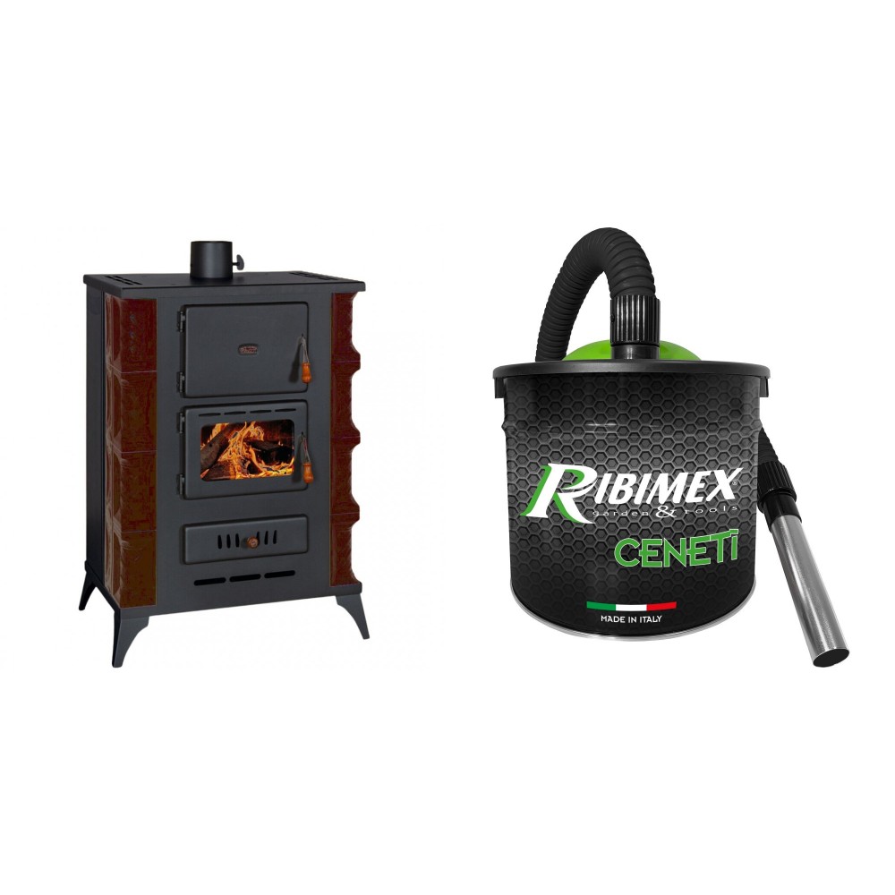 Set Kaminofen Wasserführend Prity, Modell S3 W13 RK Maro, Leistung 15kW, Keramikverkleidung + Elektrischer Aschesauger Ribimex, Modell Cenetì, Fassungsvermögen 15 L