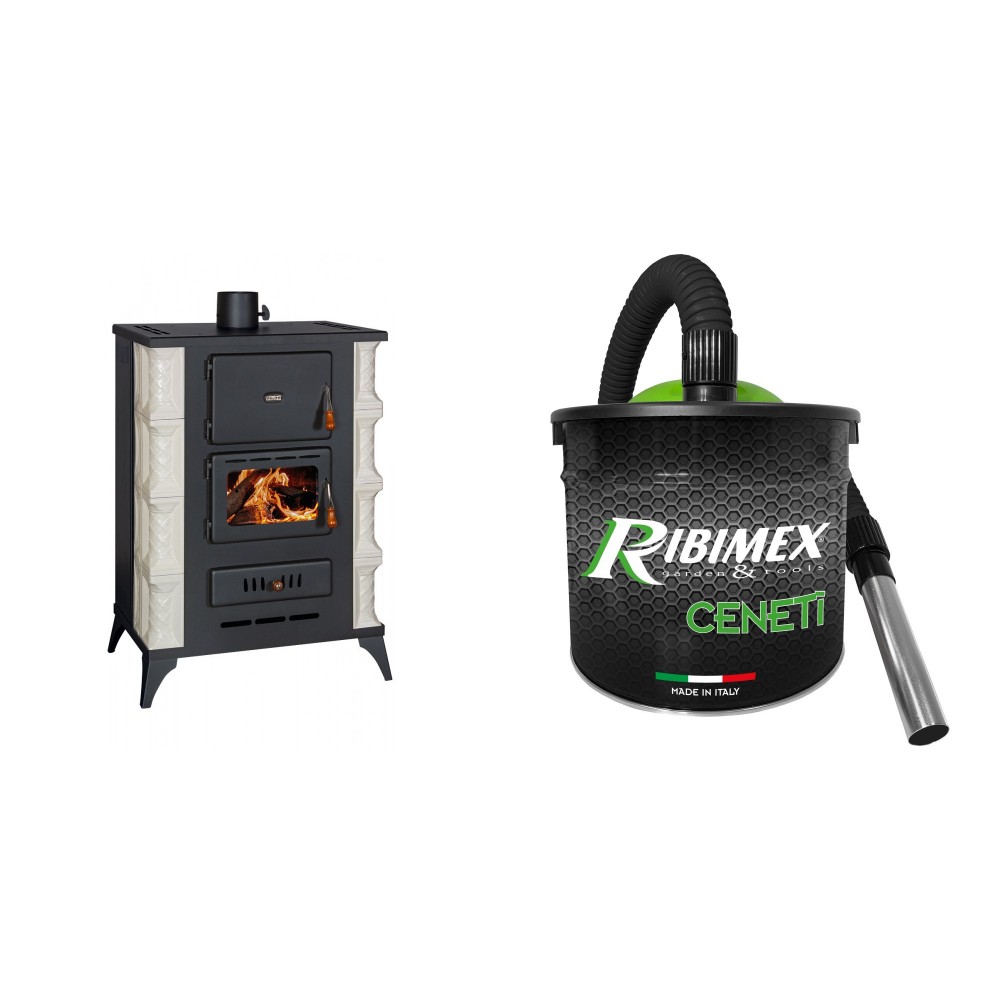 Set Kaminofen Wasserführend Prity, Modell S3 W13 RK, Leistung 15kW, Keramikverkleidung + Elektrischer Aschesauger Ribimex, Modell Cenetì, Fassungsvermögen 15 L | Wasserführender Кaminofen Prity | Kaminofen |
