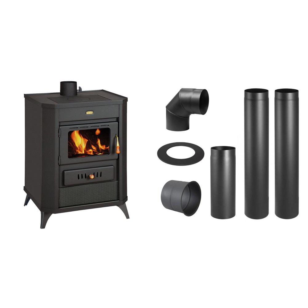Set Kaminofen, Holzofen Prity, Modell WD E, Leistung 15.9kW, Füße + Schornstein Bausatz PARKANEX, Stahl Ø130, Dicke 2mm