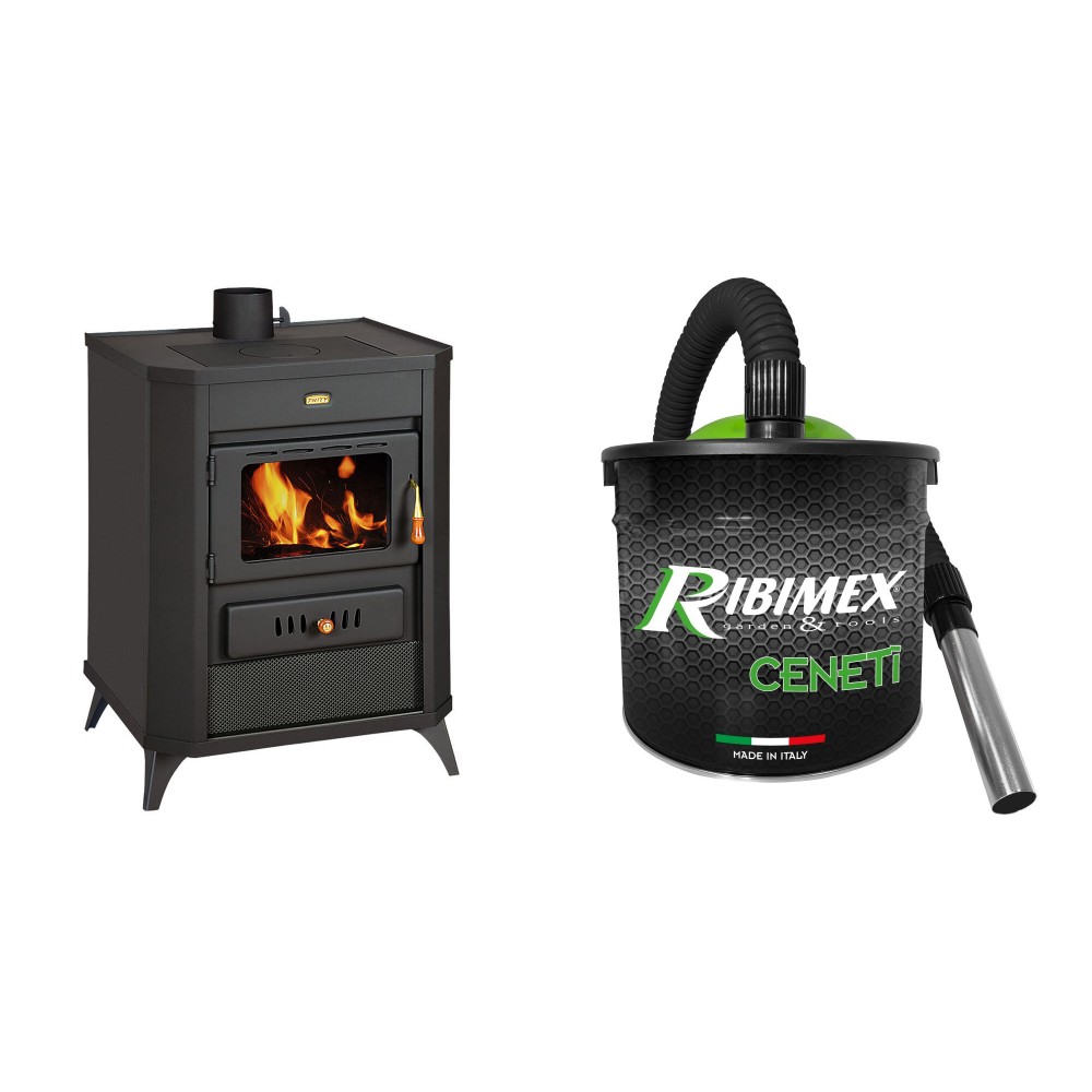 Set Kaminofen, Holzofen Prity, Modell WD E, Leistung 15.9kW, Füße + Elektrischer Aschesauger Ribimex, Modell Cenetì, Fassungsvermögen 15 L