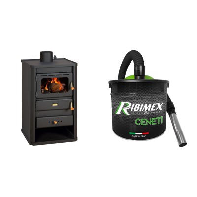 Set Kaminofen, Holzofen Prity, Modell S2, Leistung 10.4 kW + Elektrischer Aschesauger Ribimex, Modell Cenetì, Fassungsvermögen 15 L - Prity