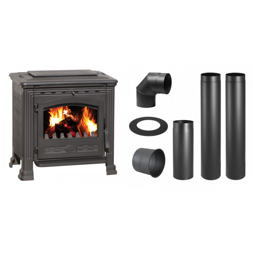 Set Holzofen Plamen, Modell Tena, Leistung 9.5kW, Mit Füßen + Schornstein Bausatz PARKANEX, Stahl Ø150, Dicke 2mm