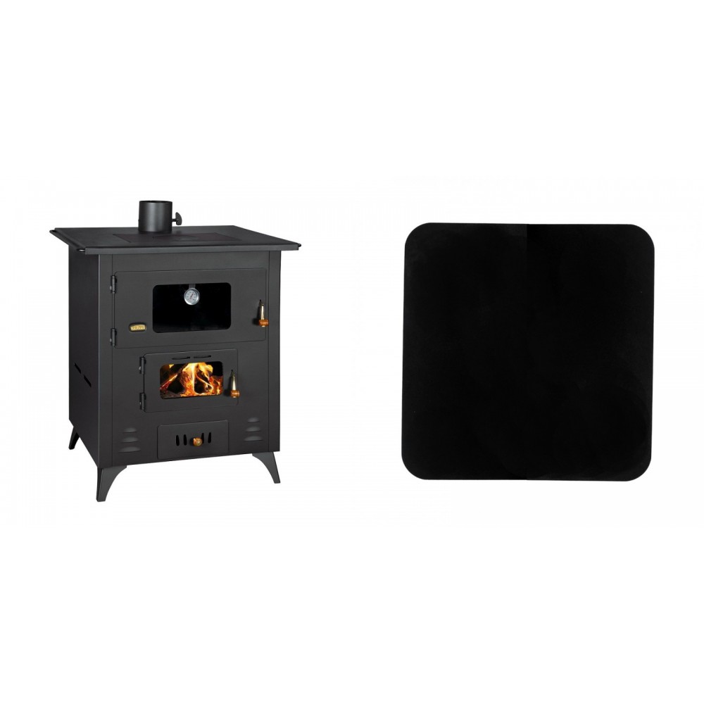 Set Kaminofen, Holzofen mit Backfach Prity Modell FR,  Leistung 13.9kW + Funkenschutzplatte Stahl 2mm, Größe 98x98cm