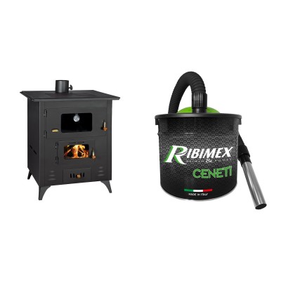 Set Kaminofen, Holzofen mit Backfach Prity Modell FR,  Leistung 13.9kW + Elektrischer Aschesauger Ribimex, Modell Cenetì, Fassungsvermögen 15 L - Kaminofen - Holzofen mit Backfach