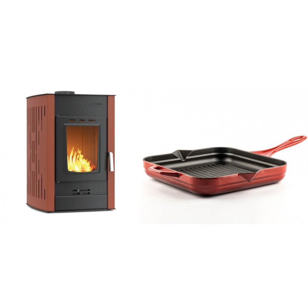 Set Kaminofen, Holzofen Wasserführend Velmora Fire ATS HYDRO, 25kW + Emaillierte grillpfanne Gusseisen Solagio, Rubin, 28x28cm