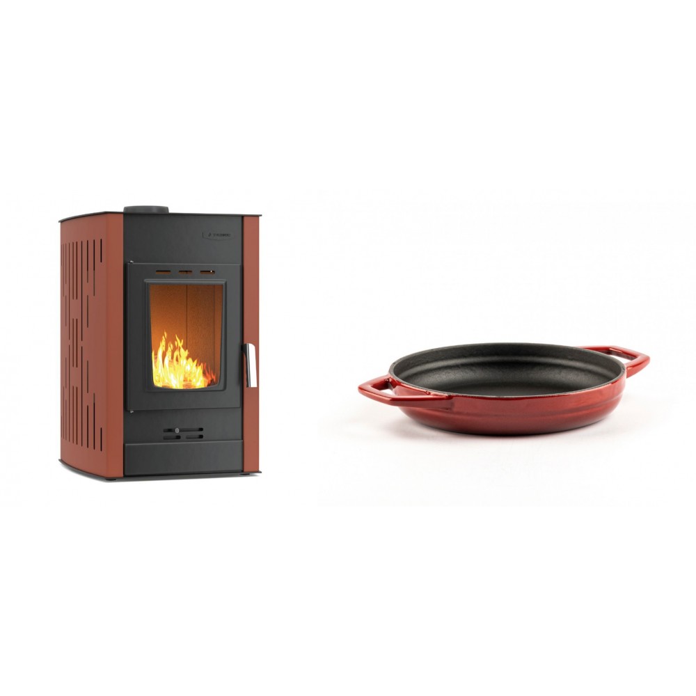 Set Kaminofen, Holzofen Wasserführend Velmora Fire ATS HYDRO, 25kW + Emaillierte gusseisenpfanne mit zwei Griffen Solagio, Rubin, Ф16cm