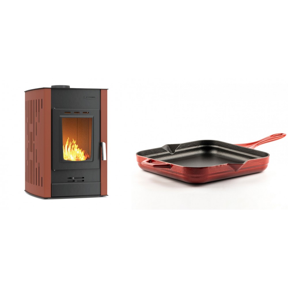 Set Kaminofen, Holzofen Wasserführend Velmora Fire ATS HYDRO, 25kW + Emaillierte Gusseisenpfanne Solagio, Rubin, 28x28cm