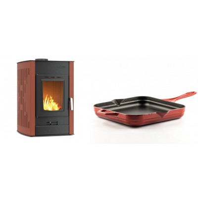 Set Kaminofen, Holzofen Wasserführend Velmora Fire ATS HYDRO, 25kW + Emaillierte Gusseisenpfanne Solagio, Rubin, 28x28cm - Küchenofen / Küchenhexe