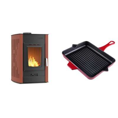 Set Kaminofen, Holzofen Wasserführend Velmora Fire ATS HYDRO, 25kW + Emaillierte grillpfanne Gusseisen Solagio, Rubin, 26x32cm - Küchenofen / Küchenhexe