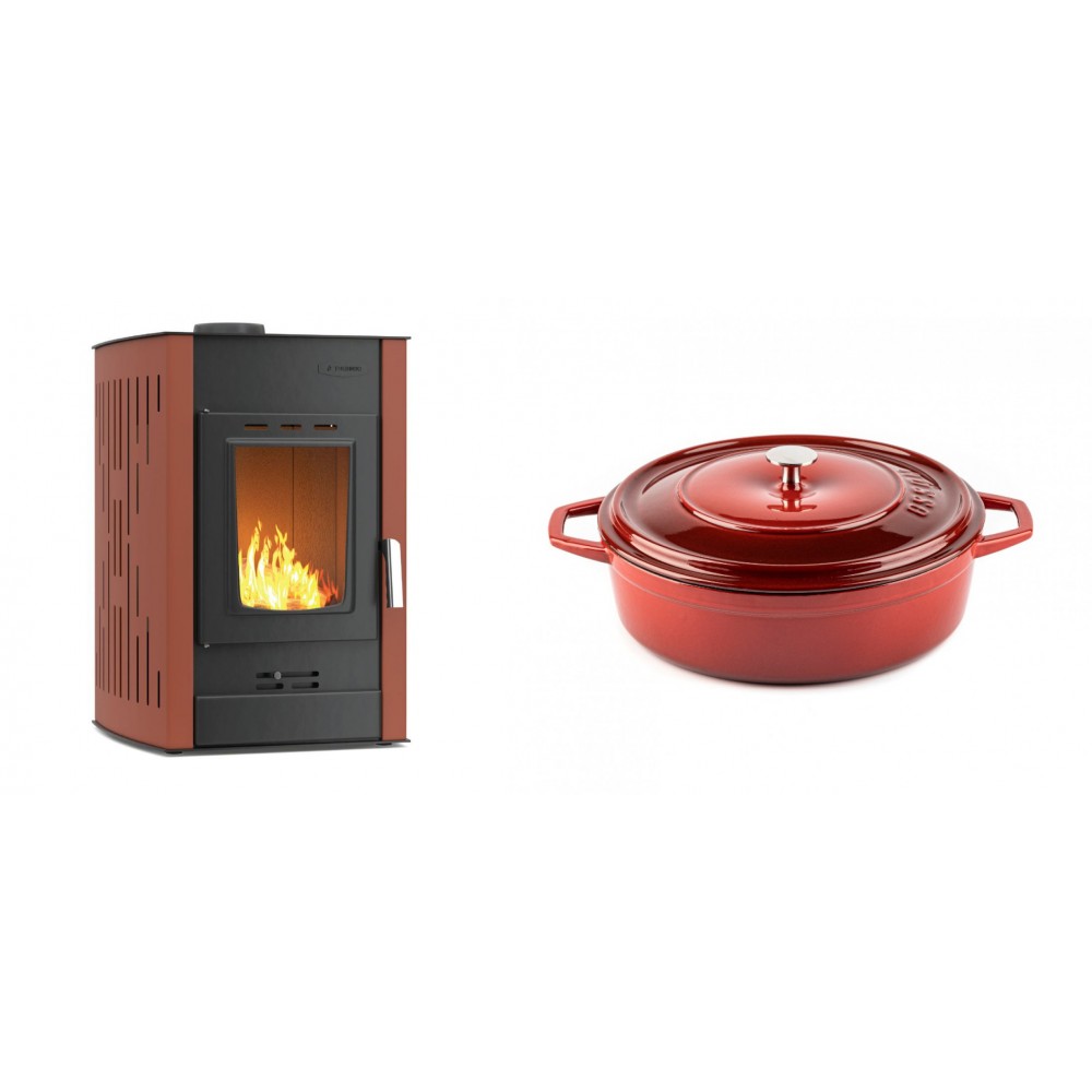 Set Kaminofen, Holzofen Wasserführend Velmora Fire ATS HYDRO, 25kW + Gusseisen Topf Flach Solagio, Rubin, Ф26