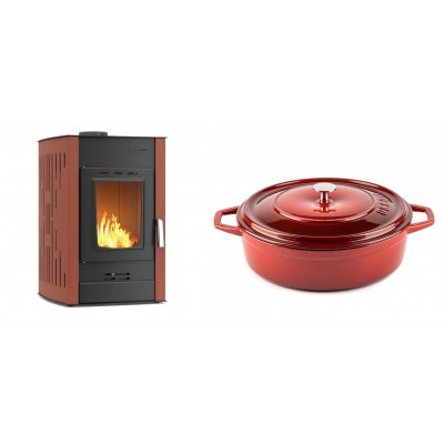 Set Kaminofen, Holzofen Wasserführend Velmora Fire ATS HYDRO, 25kW + Gusseisen Topf Flach Solagio, Rubin, Ф28 - Küchenofen / Küchenhexe