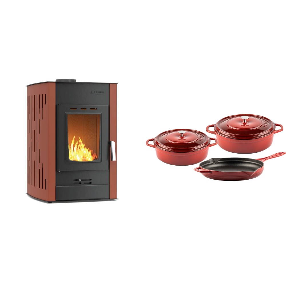 Set Kaminofen, Holzofen Wasserführend Velmora Fire ATS HYDRO, 25kW + Gusseisen Topf Set aus 3 teilen Solagio, Rubin