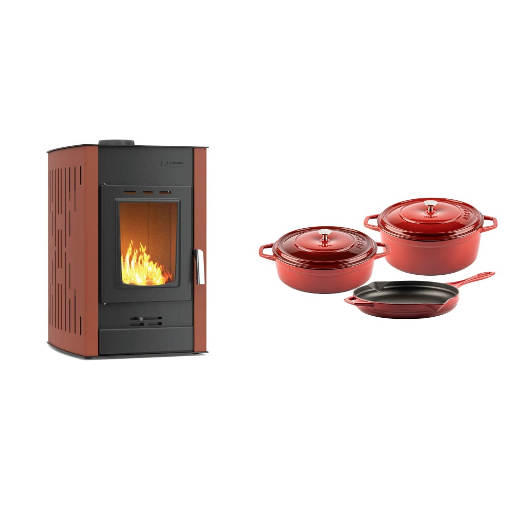 Set Kaminofen, Holzofen Wasserführend Velmora Fire ATS HYDRO, 25kW + Gusseisen Topf Set aus 3 teilen Solagio, Rubin | Holzofen | Kaminofen |