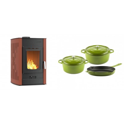 Set Kaminofen, Holzofen Wasserführend Velmora Fire ATS HYDRO, 25kW + Gusseisen Topf Set aus 3 teilen Solagio, Bamboo - Küchenofen / Küchenhexe