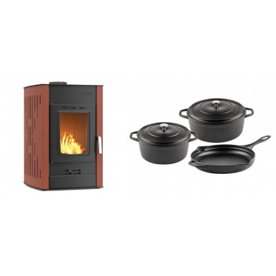 Set Kaminofen, Holzofen Wasserführend Velmora Fire ATS HYDRO, 25kW + Gusseisen Topf Set aus 3 teilen Solagio, Black Onyx - Küchenofen / Küchenhexe