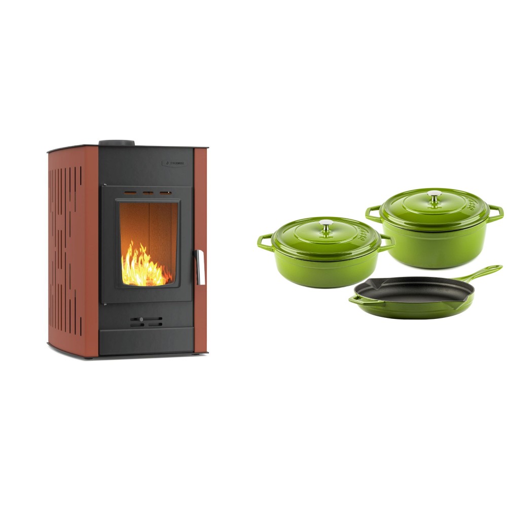 Set Kaminofen, Holzofen Wasserführend Velmora Fire ATS HYDRO, 25kW + Gusseisen Topf Set aus 3 teilen Solagio, Bamboo