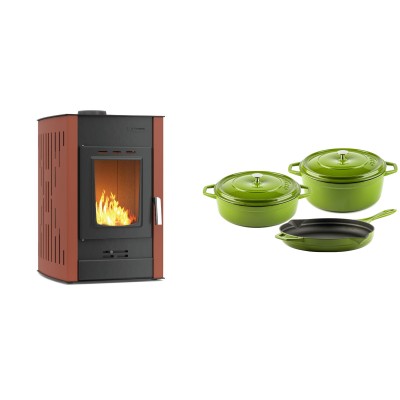 Set Kaminofen, Holzofen Wasserführend Velmora Fire ATS HYDRO, 25kW + Gusseisen Topf Set aus 3 teilen Solagio, Bamboo - Küchenofen / Küchenhexe