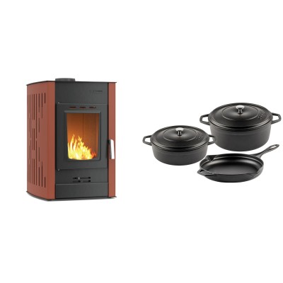 Set Kaminofen, Holzofen Wasserführend Velmora Fire ATS HYDRO, 25kW + Gusseisen Topf Set aus 3 teilen Solagio, Black Onyx - Küchenofen / Küchenhexe