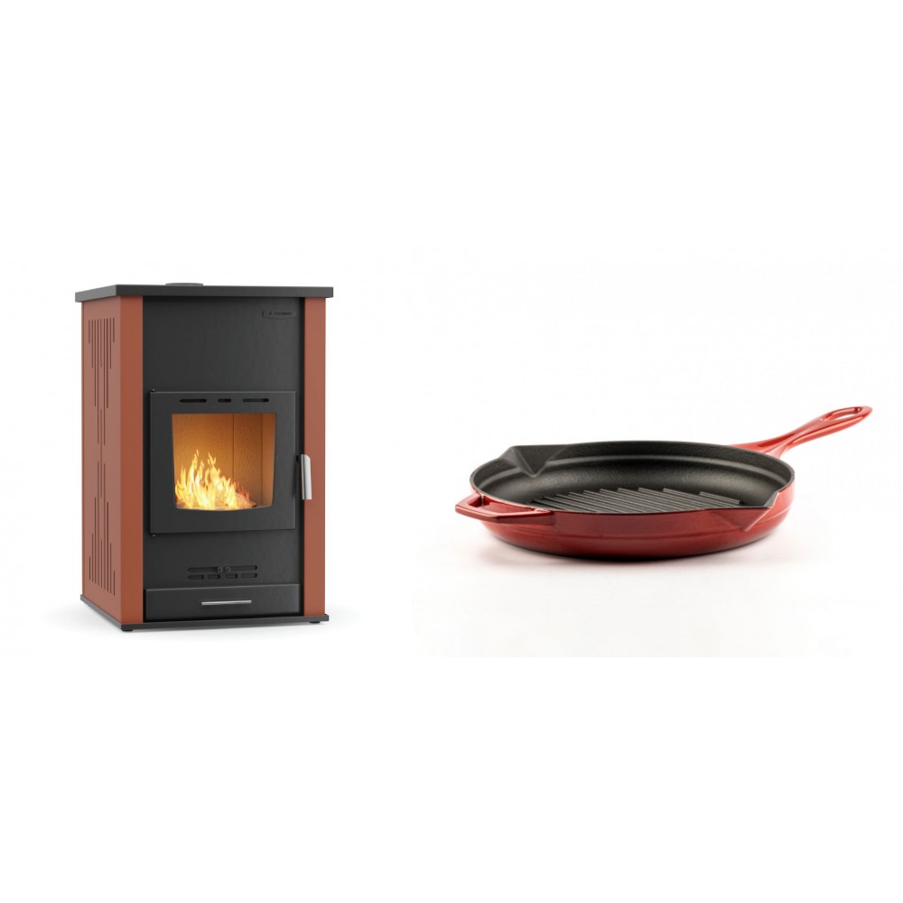 Set Kaminofen, Holzofen Wasserführend Velmora Fire ATS HYDRO, 33kW + Emaillierte grillpfanne Gusseisen Solagio, Rubin, Ф24cm
