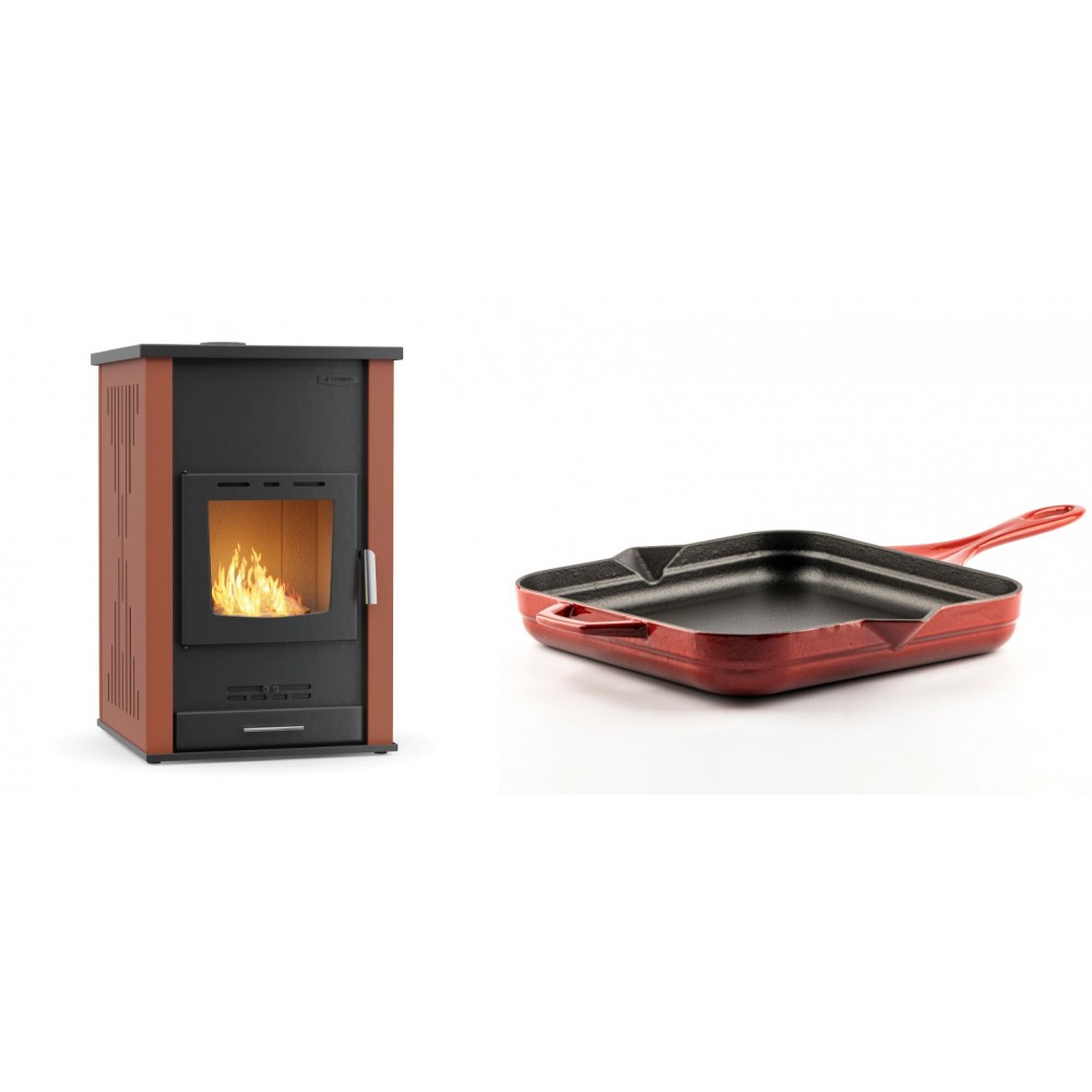 Set Kaminofen, Holzofen Wasserführend Velmora Fire ATS HYDRO, 33kW + Emaillierte Gusseisenpfanne Solagio, Rubin, 28x28cm