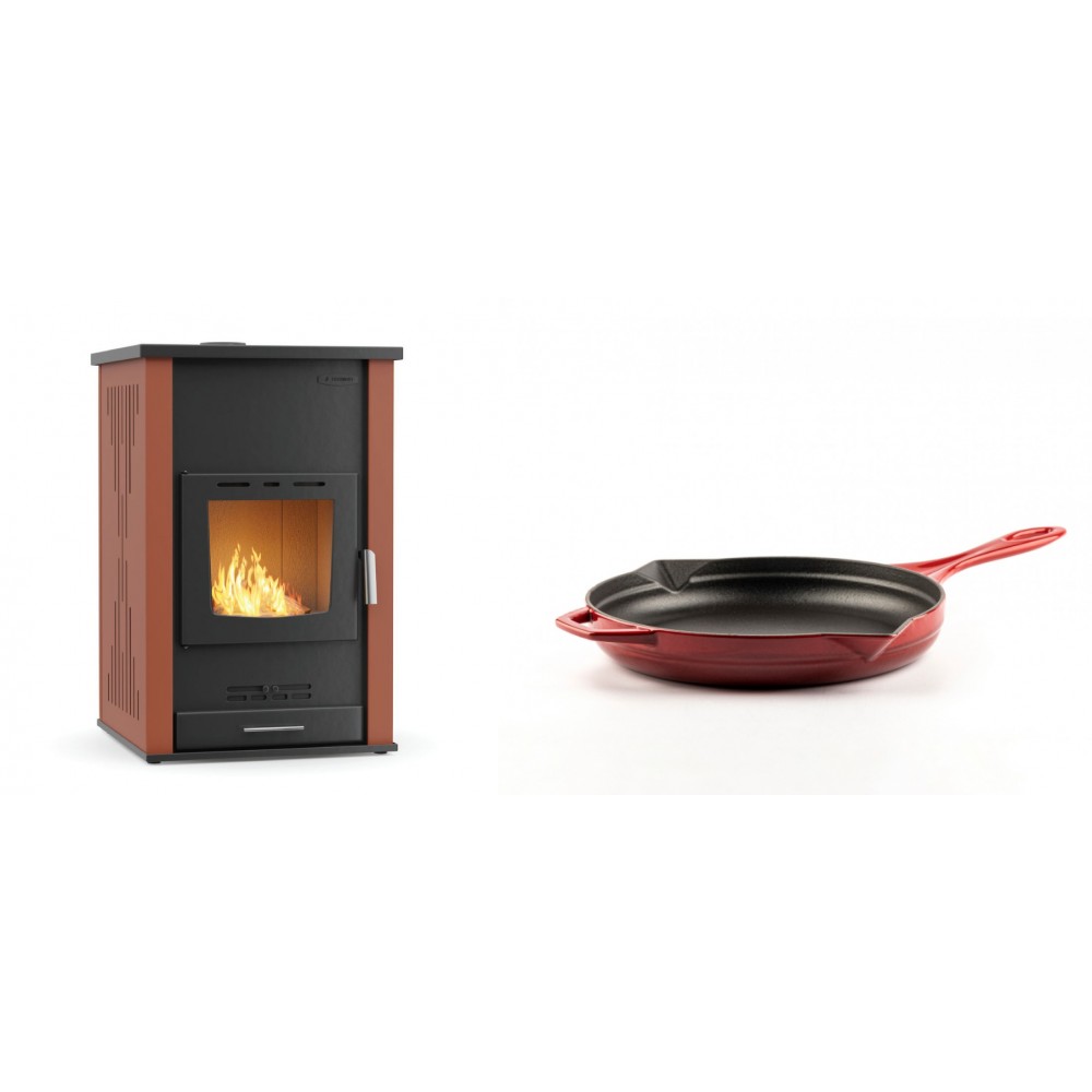 Set Kaminofen, Holzofen Wasserführend Velmora Fire ATS HYDRO, 33kW + Emaillierte Gusseisenpfanne Solagio, Rubin, Ф24cm